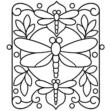 Line art of three dragonflies surrounded by leaf clusters and swirling decorative borders in a rectangular frame.