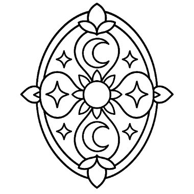 An oval mandala design featuring two crescent moons, four stars, a central flower, and pointed leaf shapes at top and bottom.