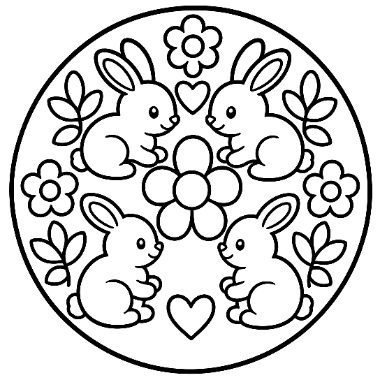 A circular design with four cartoon rabbits, flowers, leaves, and small hearts arranged symmetrically within a round border.