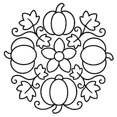 A circular design with four pumpkins, a center flower, and swirling leaves and vines arranged symmetrically.