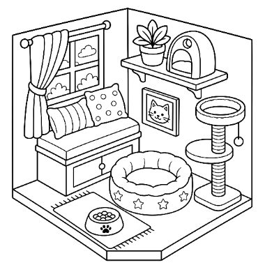 Line art of a cat room with a window seat, pillows, cat bed, scratching post, and a food bowl on a rug.