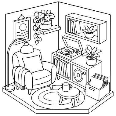 Line art of a living room with an armchair, floor lamp, record player, shelves, plants, and a round rug.