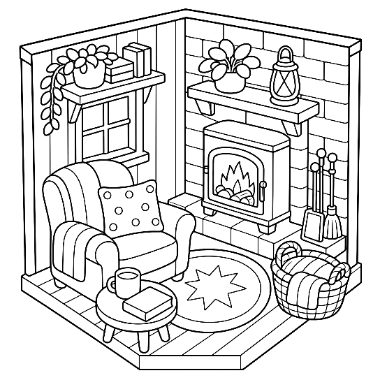 Line drawing of a cozy corner room with an armchair, wood stove, star rug, basket, and shelves with plants.