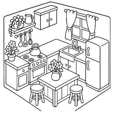 Line drawing of a kitchen with a stove, refrigerator, sink, table with flowers, stools, and shelves with utensils.