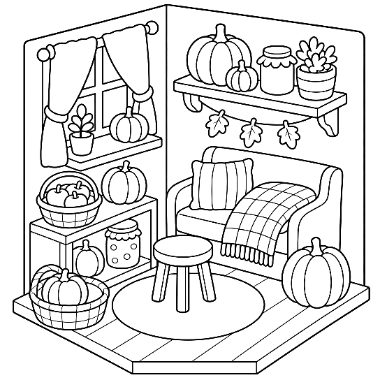 Line art of a living room corner with a couch, pillows, footstool, window, and shelves decorated with pumpkins and jars.