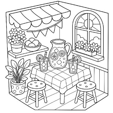 A pitcher of lemonade with glasses sits on a checkered tablecloth between two stools, under a striped awning near a window.