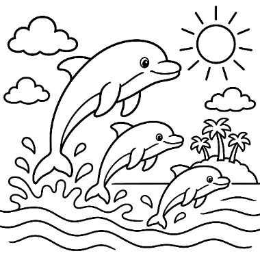 Line art of three dolphins leaping over ocean waves with clouds, sun, and a small palm tree island in the background.