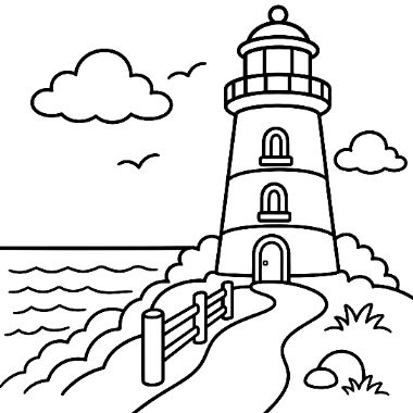 Line drawing of a tall lighthouse on a coastal hill with a fence, path, bushes, clouds, and birds overhead.