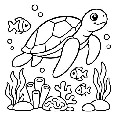 Line art of a smiling sea turtle swimming near fish, bubbles, coral, and seaweed on the ocean floor.