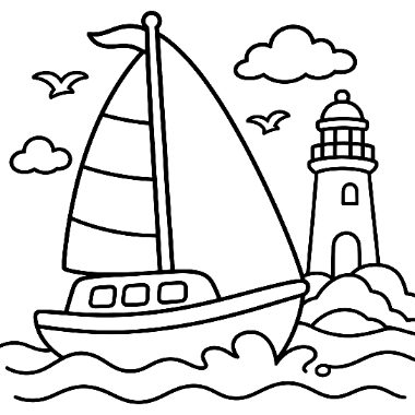 Line drawing of a sailboat with striped sails on waves near a lighthouse on rocks, with clouds and birds above.