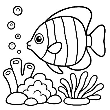 Line drawing of a striped fish swimming above coral, sea plants, rocks, and rising bubbles.