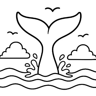 A whale tail rises above wavy water with clouds, birds, and splashes drawn in simple black outlines.