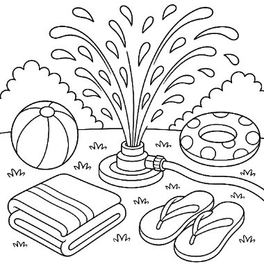 Line art of a lawn sprinkler spraying water, with a beach ball, inflatable ring, folded towel, and flip-flops nearby.