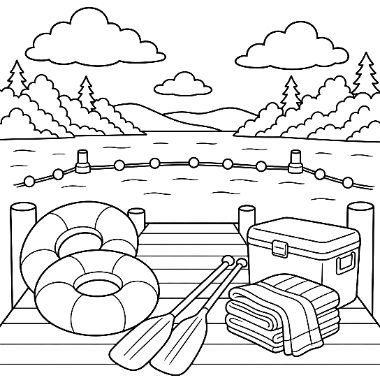 A lake dock scene with two life rings, paddles, a stack of towels, and a cooler, with trees and mountains in the background.