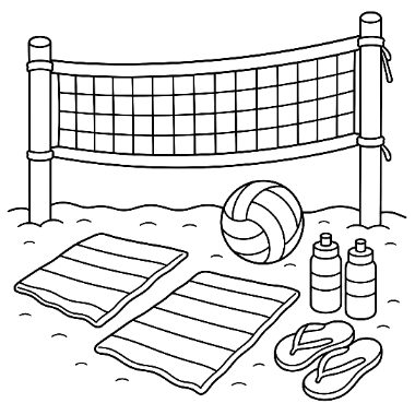 A volleyball net stands on sand near a ball, two beach towels, sunscreen bottles, and flip-flops.