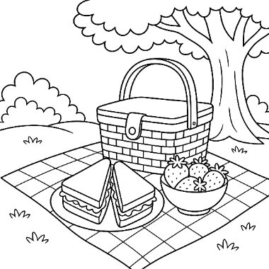 Line drawing of a picnic scene with a basket, sandwiches, and a bowl of strawberries on a blanket under a tree.