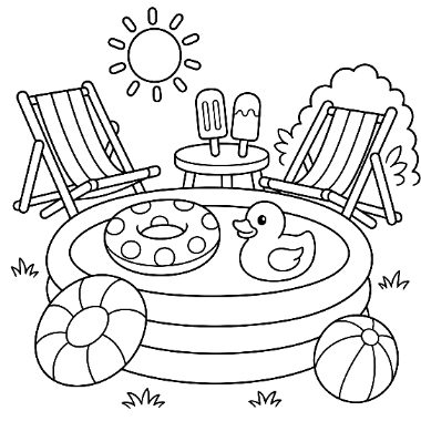 Line art of an inflatable pool with a duck float, beach balls, two lounge chairs, popsicles, and the sun.