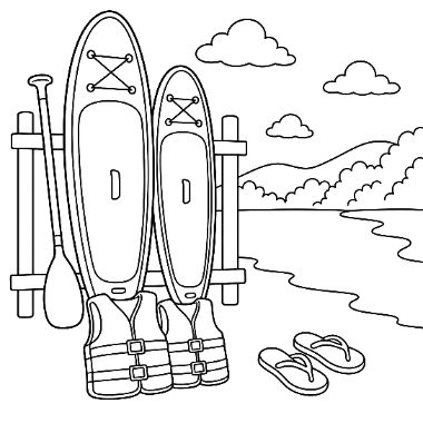 Two standup paddleboards with paddles lean on a rack beside two life jackets and a pair of flip-flops near a lake, with mountains and clouds in the background.