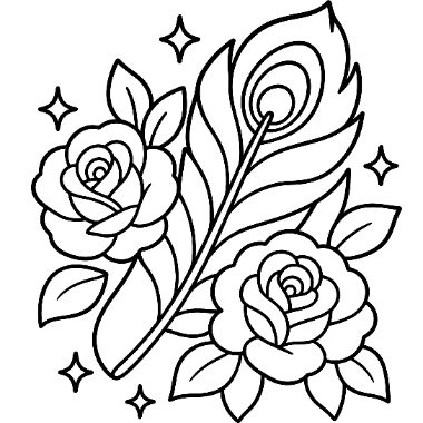Line drawing of a large peacock feather flanked by two blooming roses, leaves, and sparkle accents.