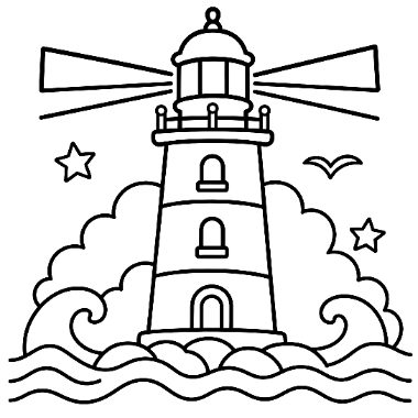 Line drawing of a lighthouse with beaming light rays, stars, a bird, clouds, and ocean waves below.