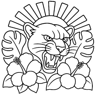 Line art of a roaring panther face surrounded by sun rays, palm leaves, and hibiscus flowers.