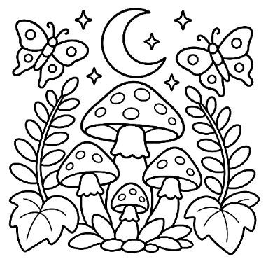Line art of a crescent moon, stars, and two butterflies above a cluster of spotted mushrooms with leafy ferns.