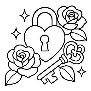 Line art of a heart-shaped padlock surrounded by roses, sparkles, and an ornate key below it.