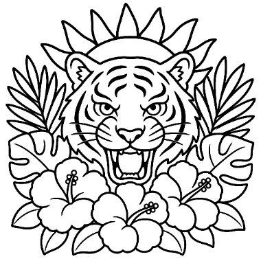 Line drawing of a roaring tiger's face surrounded by palm leaves and hibiscus flowers.