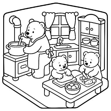 Three cartoon bears in a kitchen, one stirring a pot on the stove while two others prepare food at a small table.