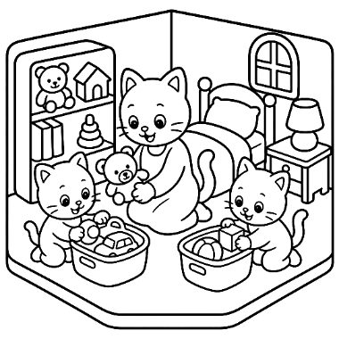 Line drawing of a mother cat and three kittens playing with toys in a bedroom with a bed, shelf, and lamp.