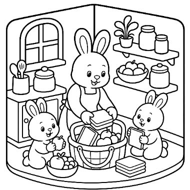 A mother rabbit stands folding towels beside a basket while two baby rabbits play with a towel and a tomato on the kitchen floor.