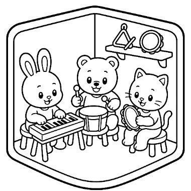 A rabbit plays a keyboard, a bear plays a drum, and a cat plays a tambourine, with a triangle and tambourine on a shelf behind them.
