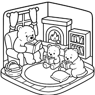 A parent bear reads in an armchair while two cubs sit on a rug reading books near a fireplace and bookshelf.