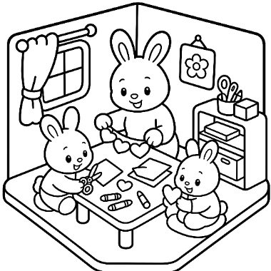 Three cartoon rabbits sit at a table making paper hearts with scissors and crayons in a cozy room with a window and shelf.