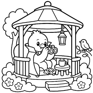 A cartoon bird sits in a gazebo holding binoculars, with a lantern, small table, and another bird perched outside.