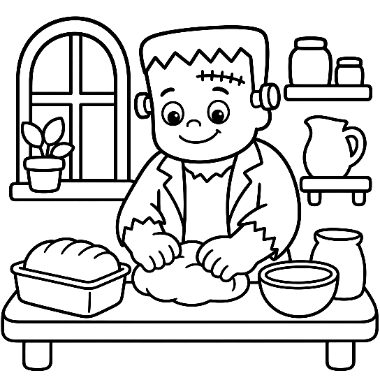 A cartoon Frankenstein's monster kneads dough on a table with bread, a bowl, a pitcher, and a window in the background.