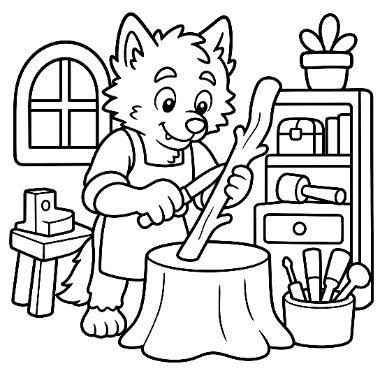 A cartoon wolf wearing an apron carves a piece of wood on a tree stump in a workshop with a shelf of tools.