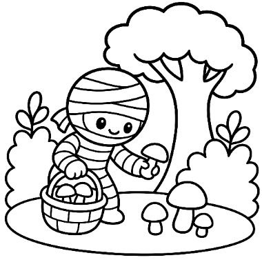 A cute cartoon mummy stands by a tree, gathering mushrooms into a basket with more mushrooms nearby.