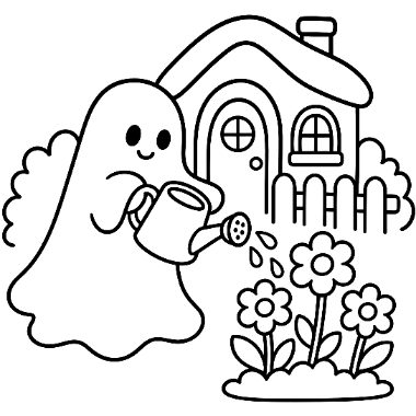 A friendly cartoon ghost waters flowers with a watering can in front of a house with a fence.