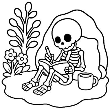 A seated skeleton leans against a rock, writing in a book, with a mug and flowers nearby.