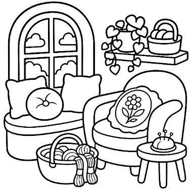 Line drawing of a living room with a cushioned bench and armchair, pillows, a yarn basket, arched window, and shelf with plants.
