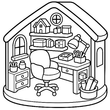 Line art of a house-shaped frame containing a desk, chair, lamp, shelves with boxes, and a small dresser.