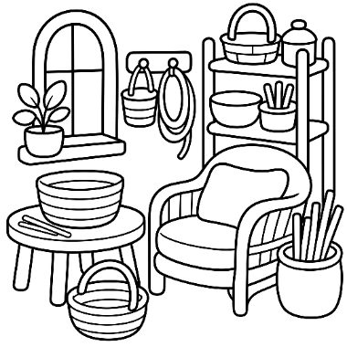A line drawing of a room with a shelf of baskets, a window with a plant, an armchair, and a small table.