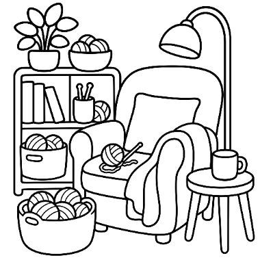 Line drawing of an armchair with a blanket and knitting needles, surrounded by yarn baskets, a bookshelf, plants, and a floor lamp.