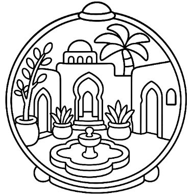 A round snow globe design showing a Moroccan-style courtyard with an archway, dome, palm tree, potted plants, and a fountain.