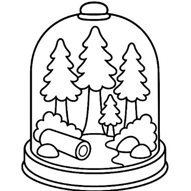 Line art of a dome-shaped snow globe containing pine trees, bushes, rocks, and a log on a round base.