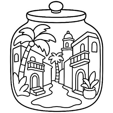 Line art of a glass jar with a lid containing a small village scene with buildings, a palm tree, and a tower.