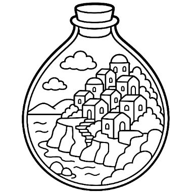 Line drawing of a round bottle containing a hillside village with houses, stairs, cliffs, water, and clouds.