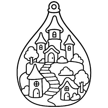 Line art of a teardrop-shaped ornament containing a small castle, cottages, trees, bushes, and a winding staircase path.