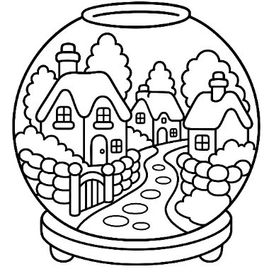Line art of a round snow globe on a stand, showing cozy cottages, trees, and a path lined with a stone fence.